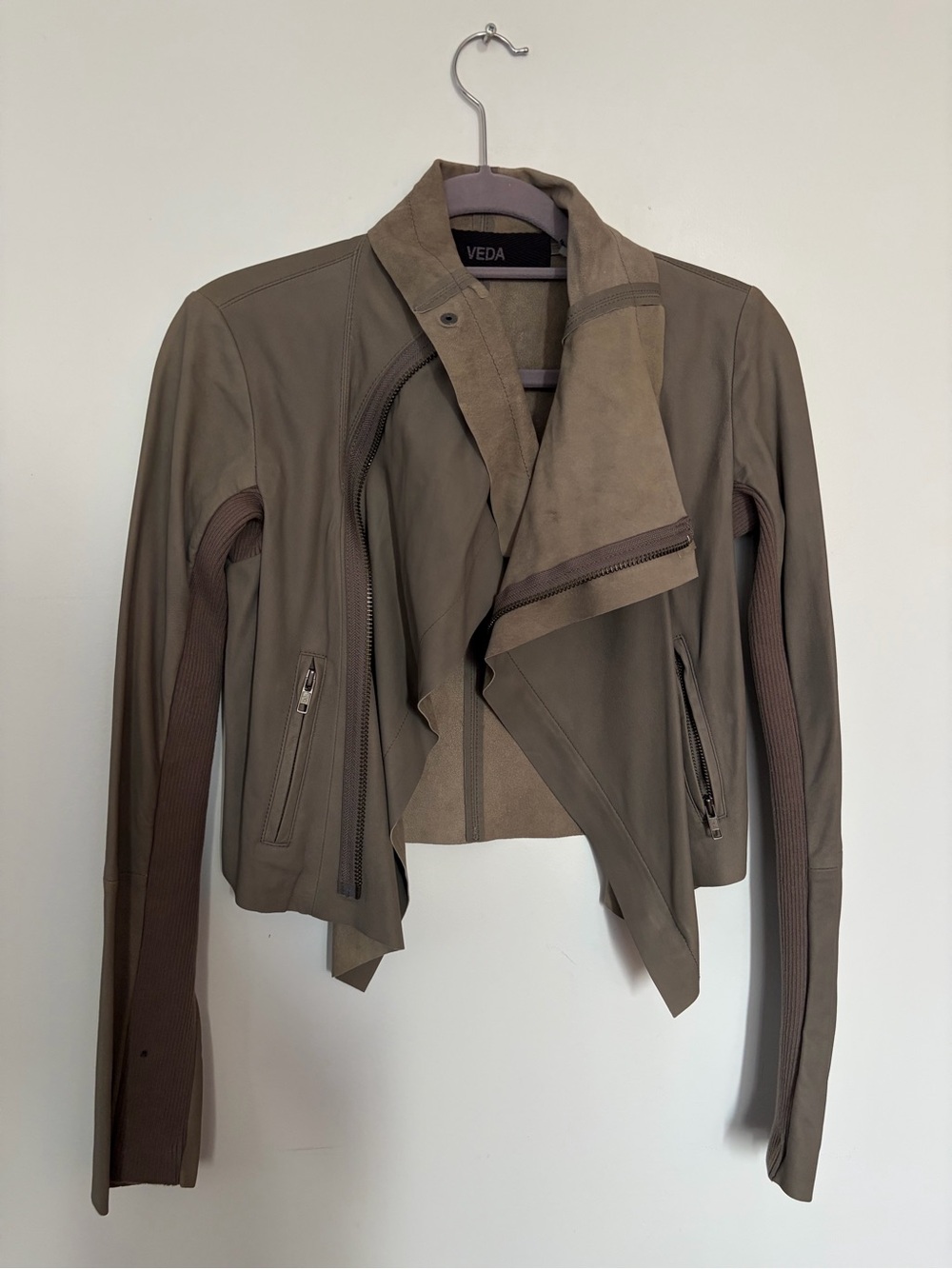 VEDA Taupe Leather Draped Moto Jacket - Small